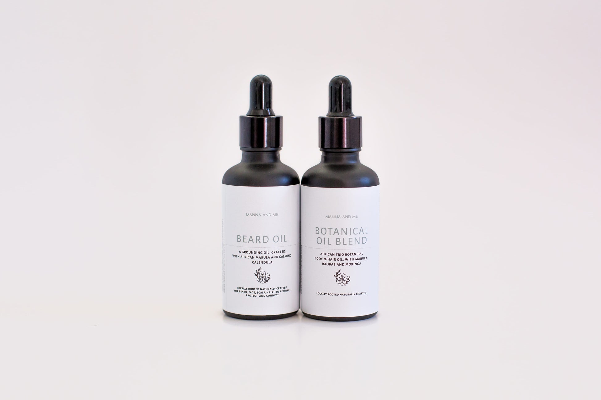 Manna and Me natural Beard Oil amber glass bottle with dropper, soothing anti-itch conditioning treatment for men.