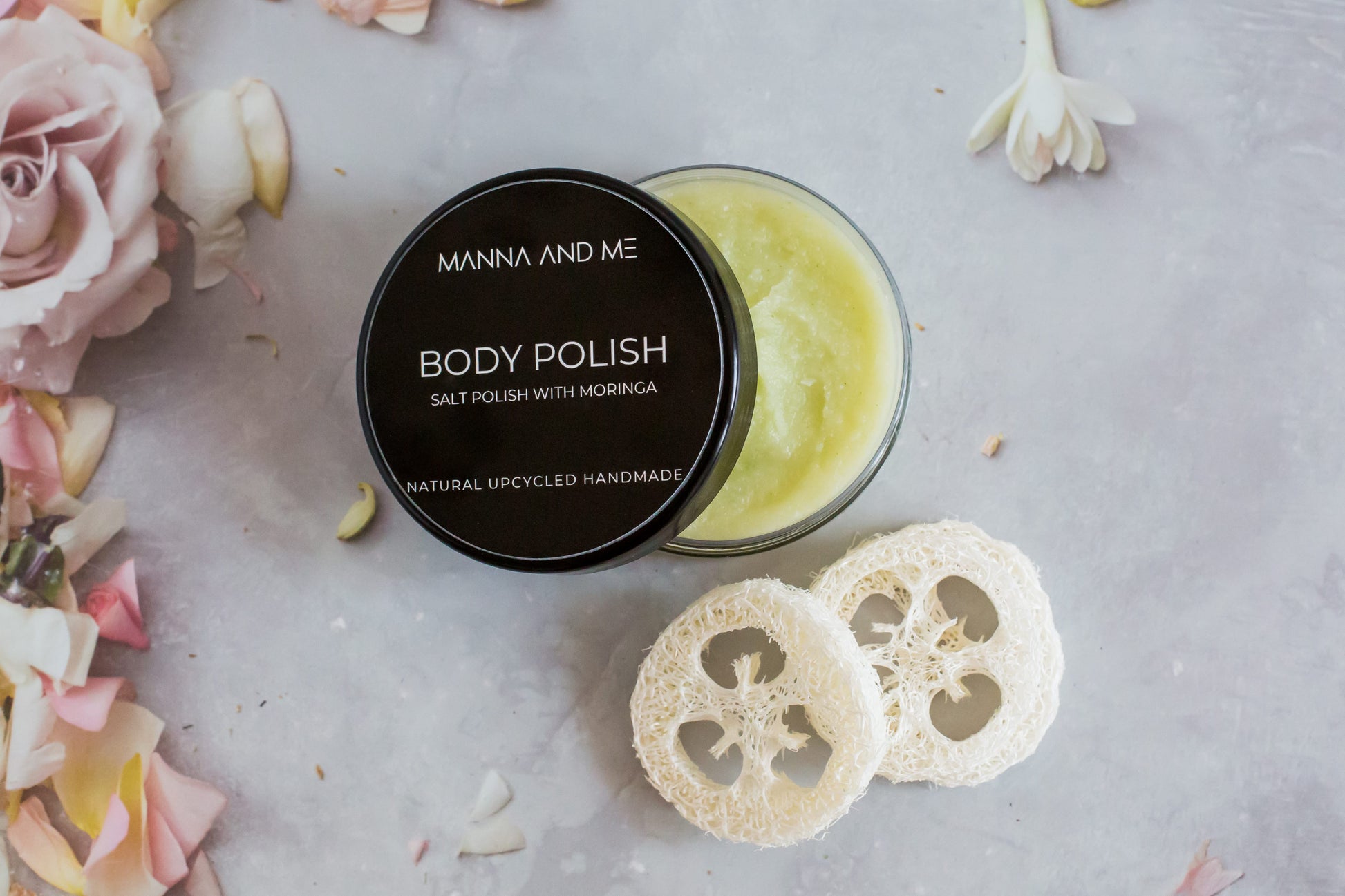 Manna and Me Salt Body Polish jar, exfoliating mineral salt scrub for smooth refreshed skin.