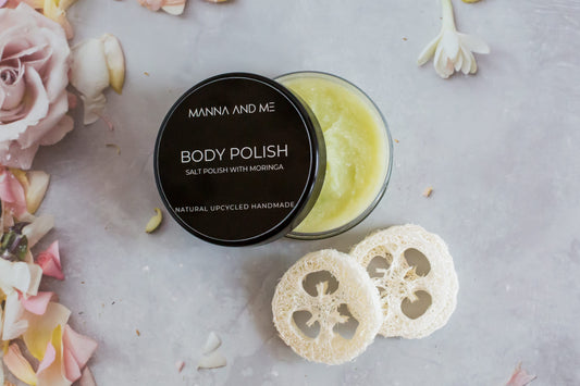 Manna and Me Salt Body Polish jar, exfoliating mineral salt scrub for smooth refreshed skin.