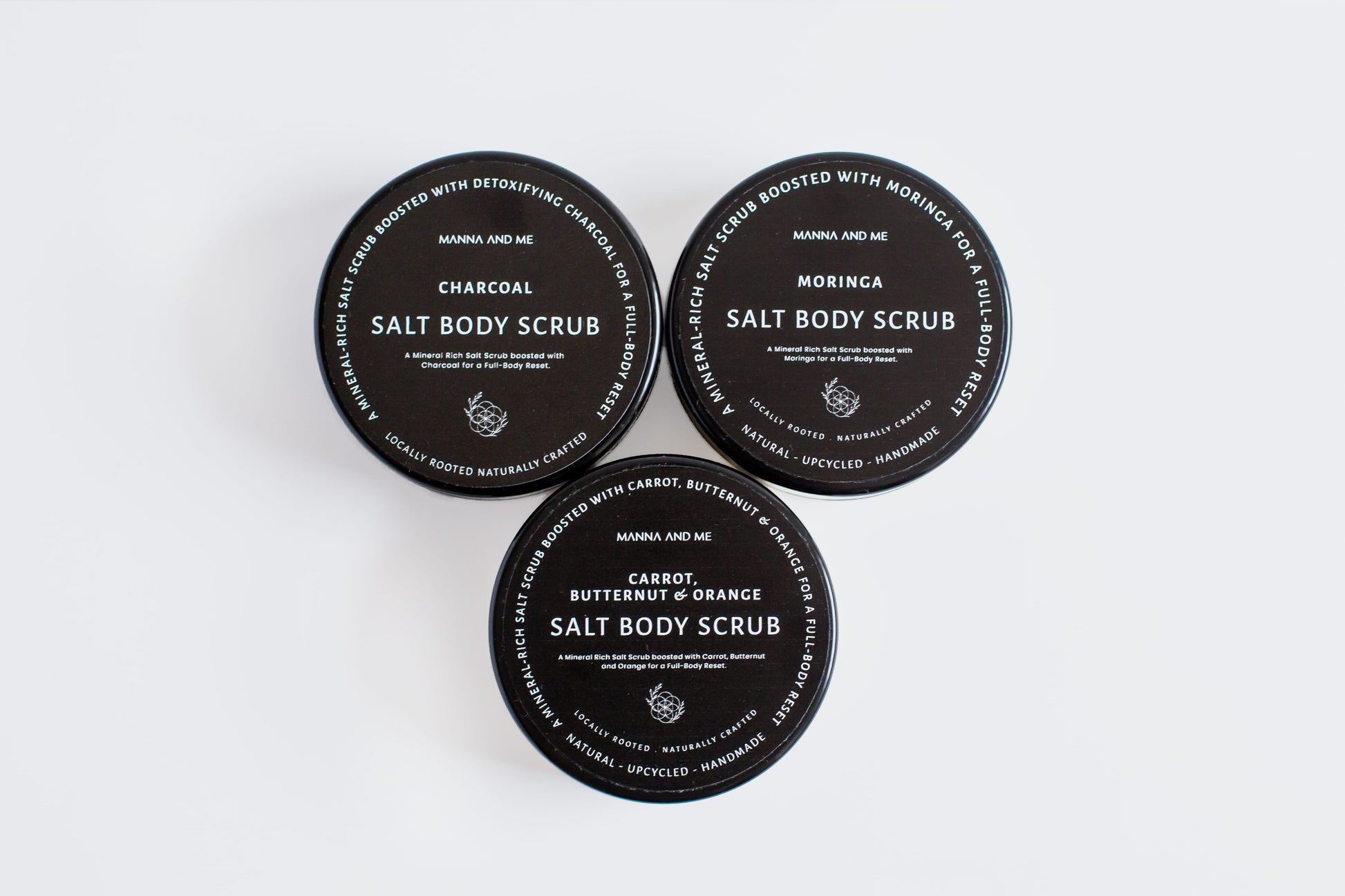 Manna and Me Salt Body Polish jar, exfoliating mineral salt scrub for smooth refreshed skin.