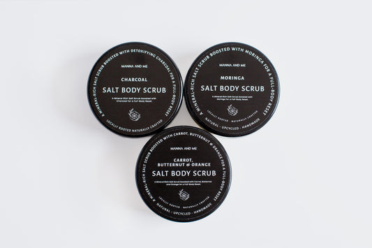 Manna and Me Salt Body Polish jar, exfoliating mineral salt scrub for smooth refreshed skin.