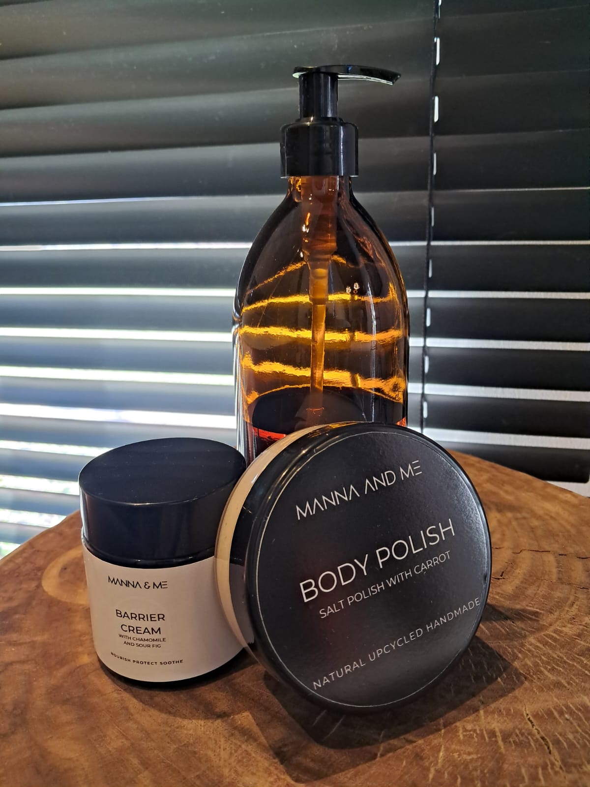 Manna and Me Salt Body Polish jar, exfoliating mineral salt scrub for smooth refreshed skin.