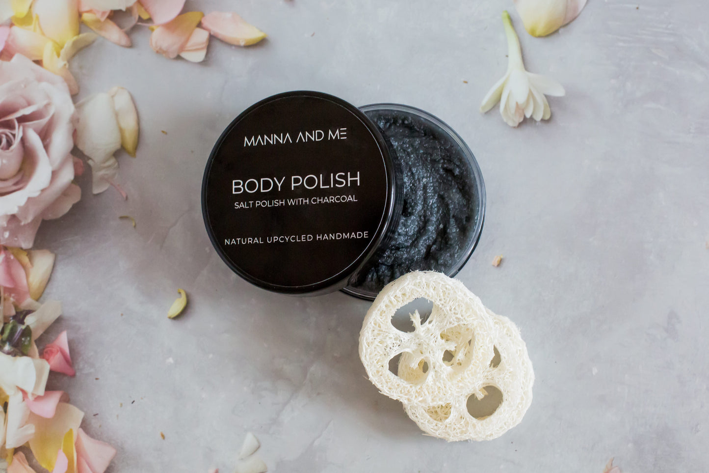 Manna and Me Salt Body Polish jar, exfoliating mineral salt scrub for smooth refreshed skin.