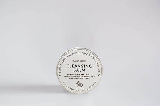 Manna and Me Cleansing Balm and Face Mask jar, soothing botanical oil-to-milk daily cleanser.