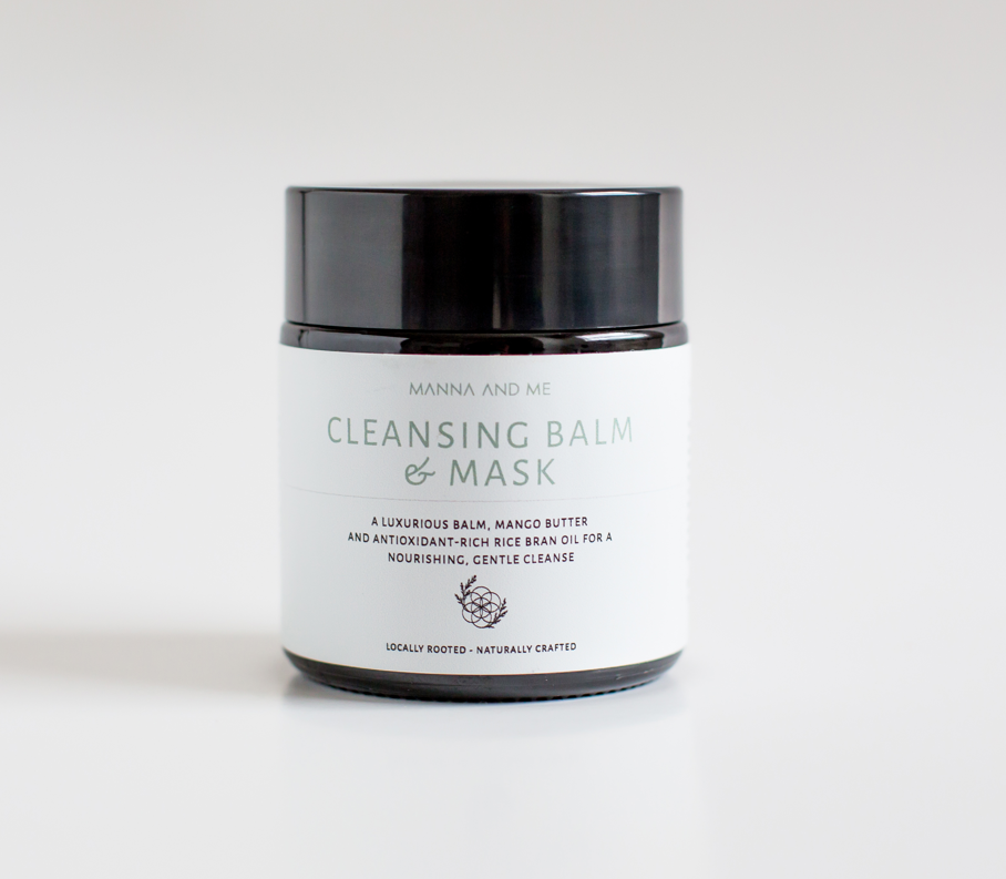 Manna and Me Cleansing Balm and Face Mask jar, soothing botanical oil-to-milk daily cleanser.
