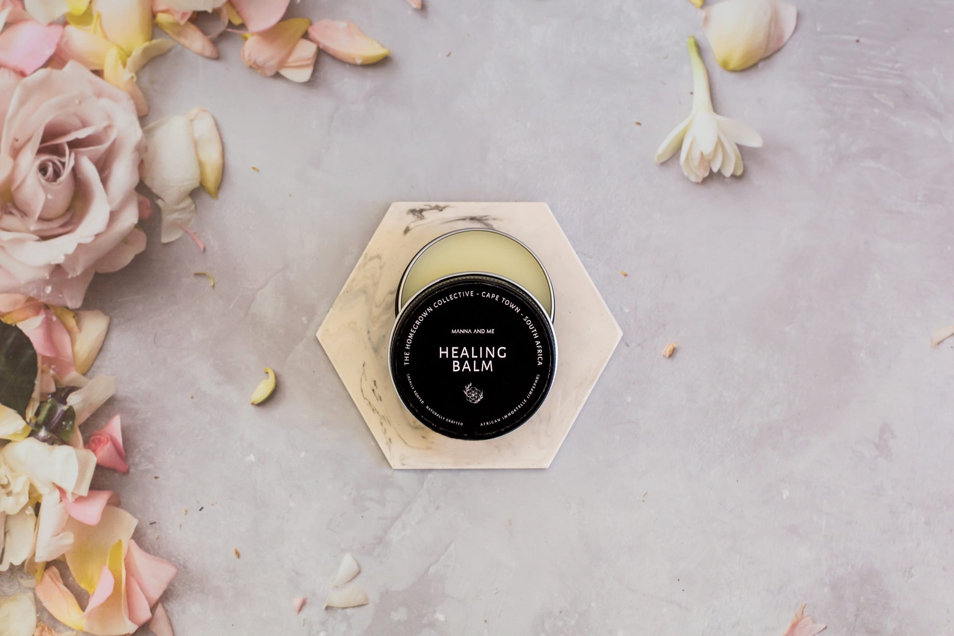 Manna and Me intensive Healing Balm tin, natural soothing salve for dry skin patches and irritations.