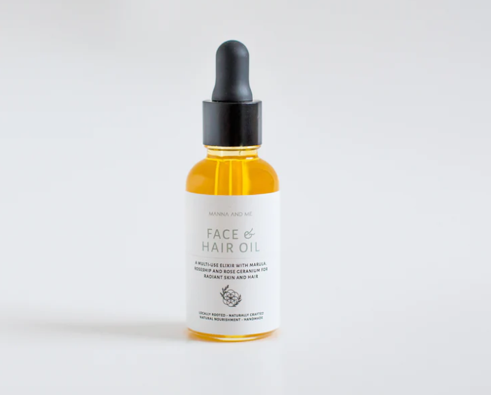 Manna and Me concentrated Face & Hair Oil dropper bottle, restorative South African botanical blend.