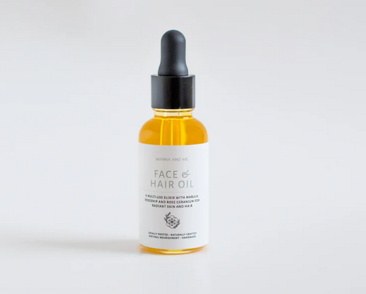 Manna and Me concentrated Face & Hair Oil dropper bottle, restorative South African botanical blend.