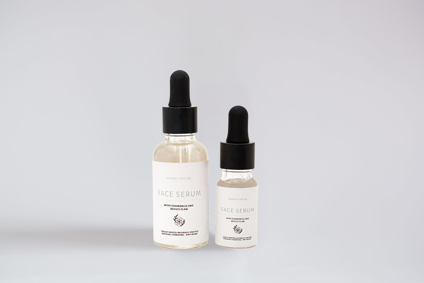 Manna and Me Fortify Skin Serum amber glass bottle with dropper, concentrated botanical formula for barrier repair.