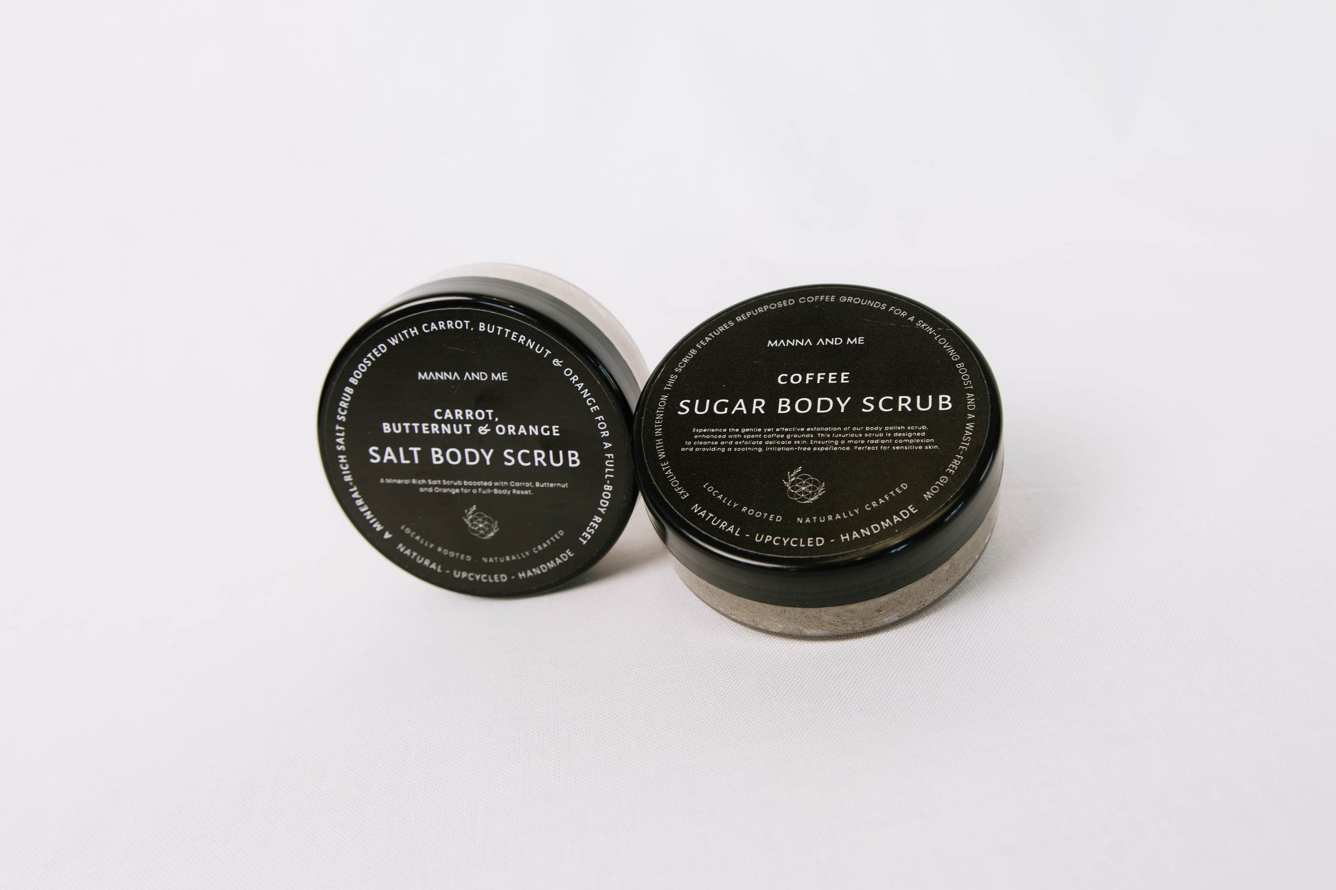 Manna and Me Sugar Body Polish Sugar & Coffee Scrub jar for gentle skin renewing exfoliation.