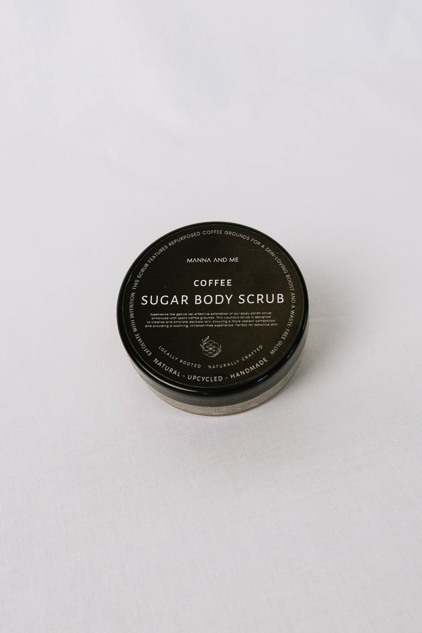 Manna and Me Sugar Body Polish Sugar & Coffee Scrub jar for gentle skin renewing exfoliation.
