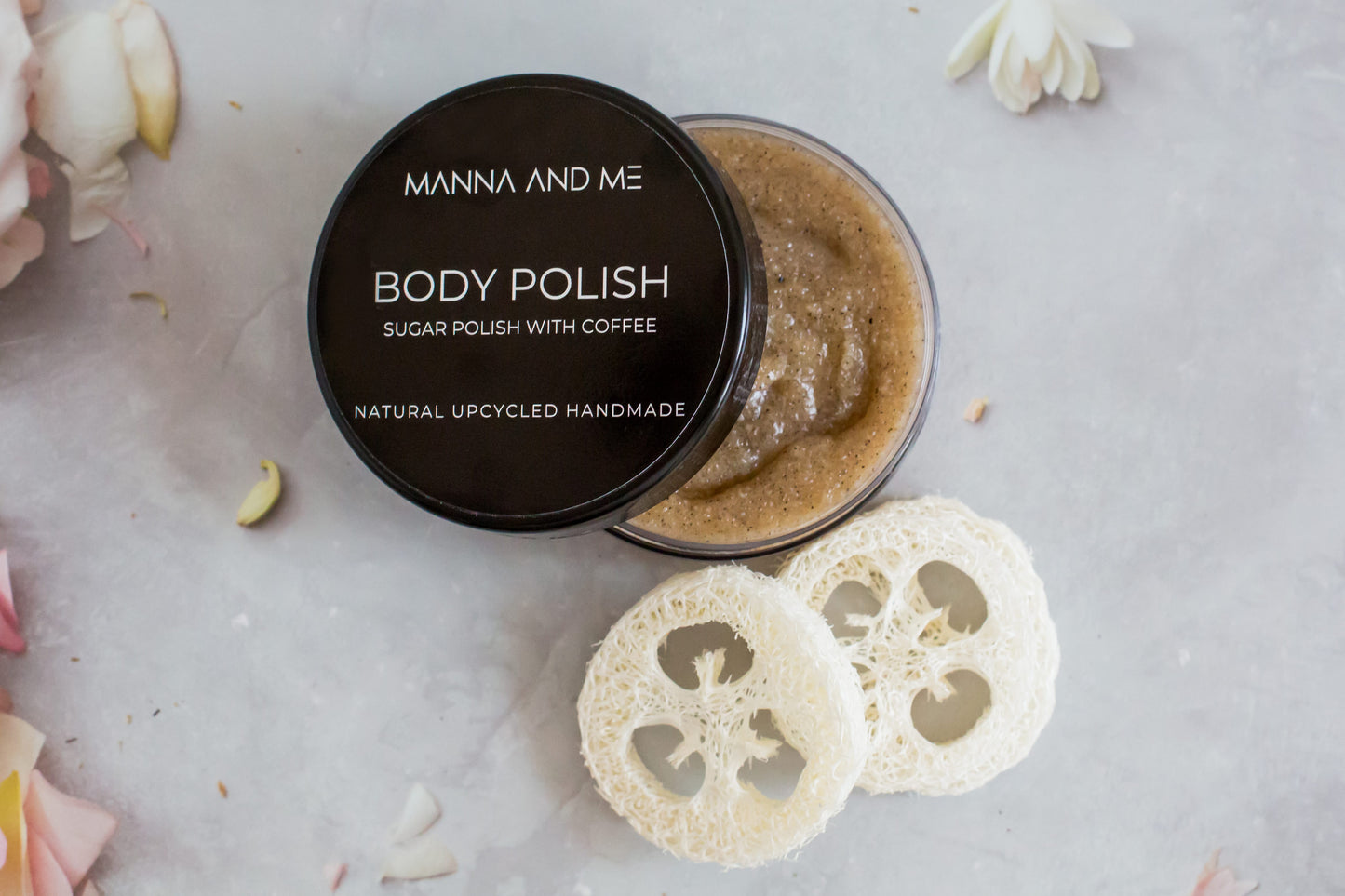 Manna and Me Sugar Body Polish Sugar & Coffee Scrub jar for gentle skin renewing exfoliation.