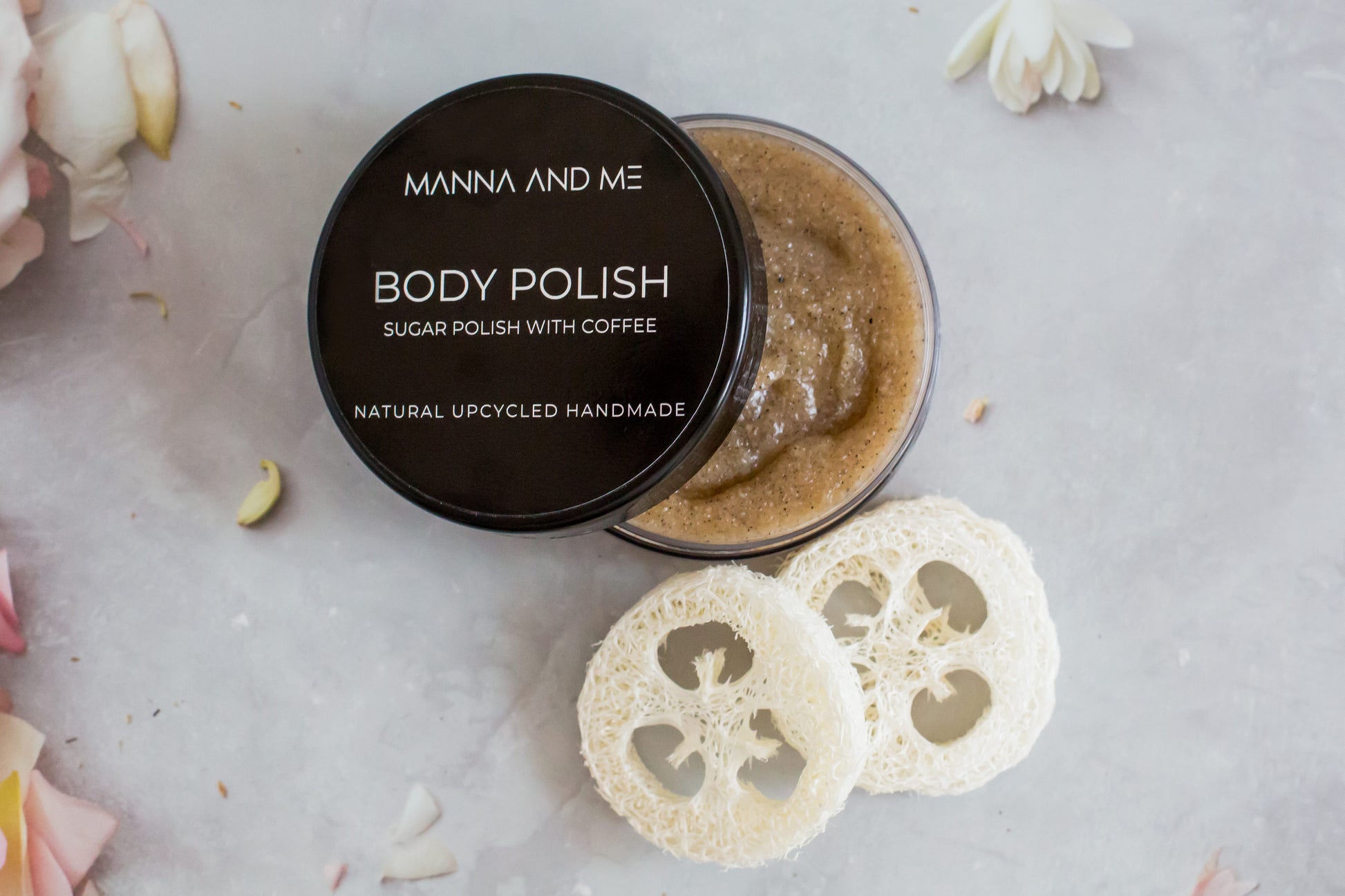 Manna and Me Sugar Body Polish Sugar & Coffee Scrub jar for gentle skin renewing exfoliation.