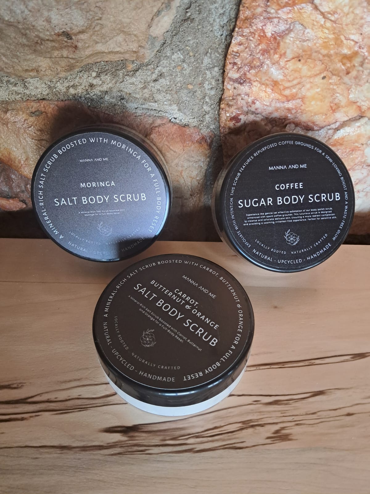 Manna and Me Sugar Body Polish Sugar & Coffee Scrub jar for gentle skin renewing exfoliation.