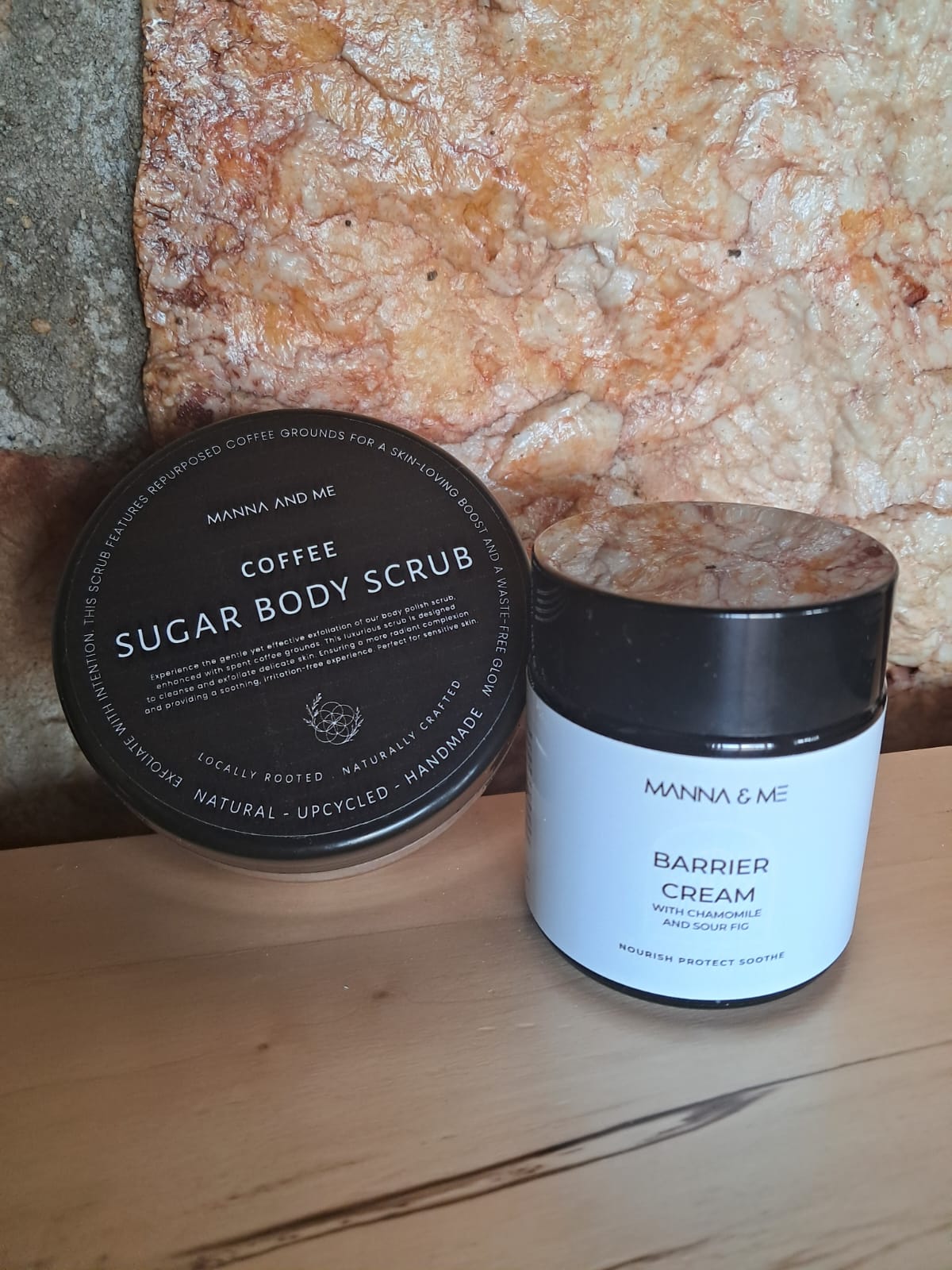 Manna and Me Sugar Body Polish Sugar & Coffee Scrub jar for gentle skin renewing exfoliation.